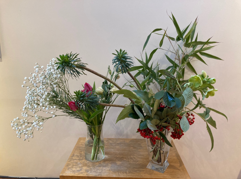 I wanted to create an Ikebana arrangement expressing hope and spring using these flowers together with some greeneries and dead looking branches that I collected