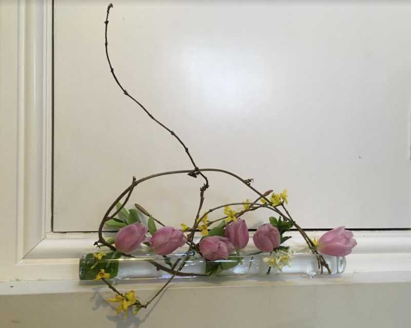Jiyuka (Tulips, Forsythia, Narcissus, Evergreen) - Ikebana for you at ikebanaforyou.co.uk